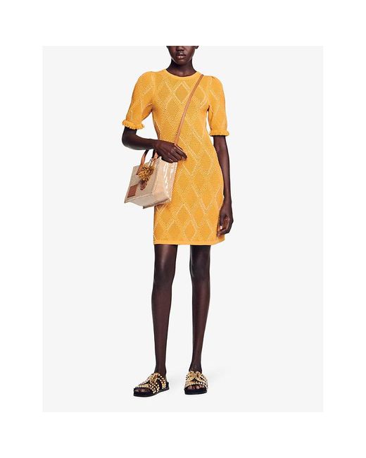 Sandro Orange Round-neck Diamond-pattern Knitted Mini Dress