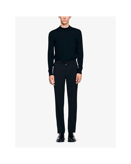 Sandro Black Drawstring-Waist Straight-Leg Wool-Blend Trousers for men
