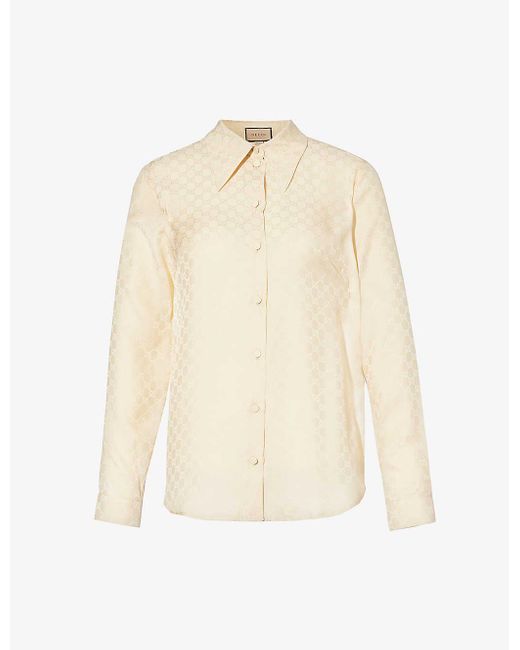 Gucci White Monogram-pattern Satin-texture Regular-fit Silk Shirt