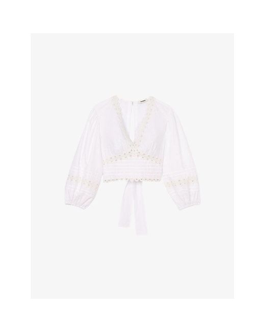 Sandro White Lace-Trim Long-Sleeve Cotton Top
