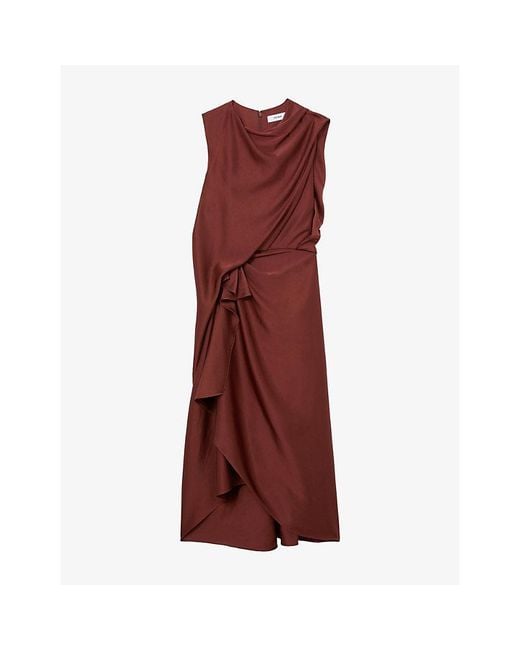 Reiss Red Mabel Sleeveless Frill-Detail Satin Midi Dress