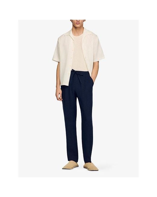 Sandro Blue Drawstring Elasticated-Waist Linen Trousers for men