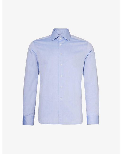 Corneliani Blue Spread-collar Curved-hem Regular-fit Cotton-poplin Shirt for men