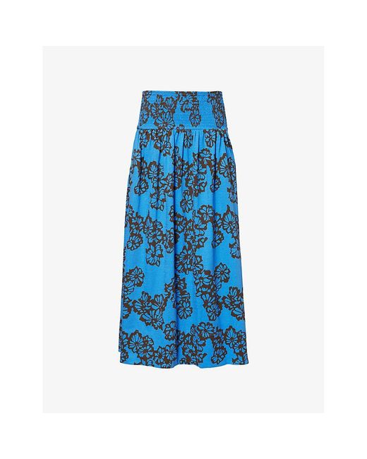 ME+EM Blue Stencil Bloom-Print Tiered Cotton Maxi Skirt