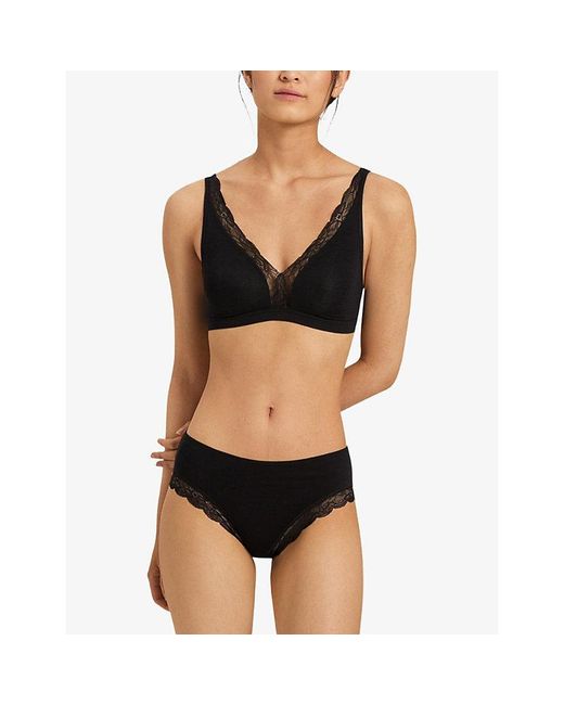 Hanro Blue Triangle-Cup Lace-Trim Stretch-Cotton Bra