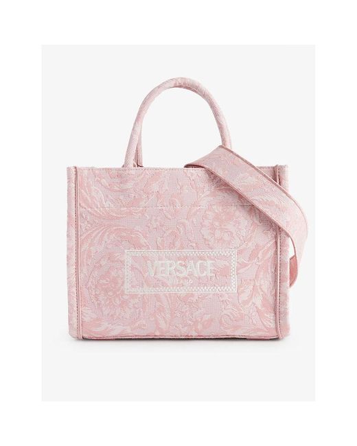 Versace Pink Logo-print Detachable-strap Woven Tote Bag