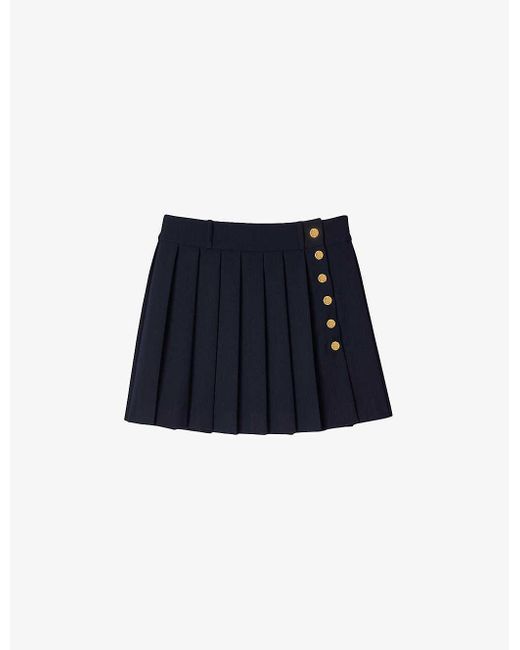 Sandro Blue Button-embellished Pleated Woven Mini Skirt