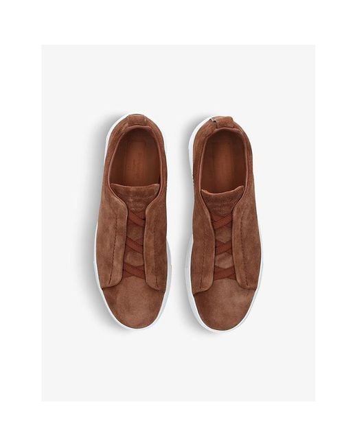 Zegna Brown Triple Stitch Low-Top Suede Trainers for men