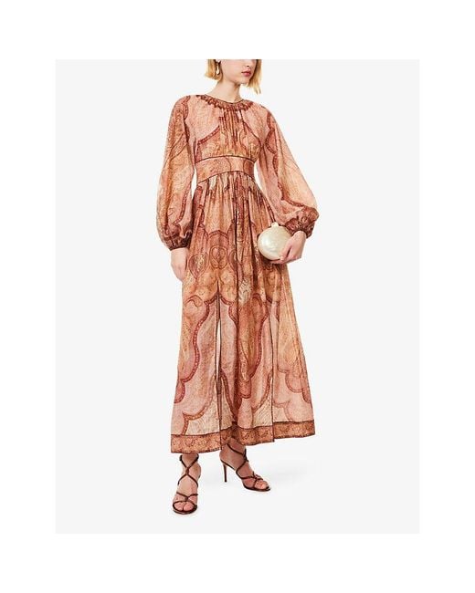 Zimmermann Pink Floral Metallic-Thread Long-Sleeve Woven Midi Dress