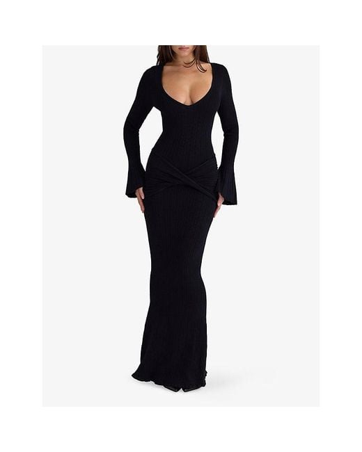 House Of Cb Black Mila Flute-Sleeve Knit Maxi Dress Xs (A-C Cup)