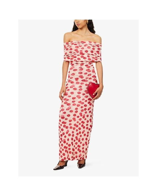 Stella McCartney Red Print Off-Shoulder Mesh Maxi Dress