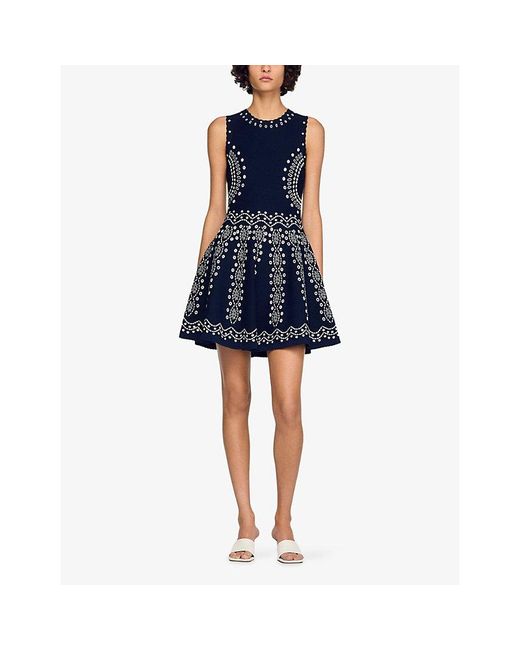 Sandro Blue Sleeveless Scarf-Print Stretch-Knit Mini Dress