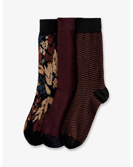 Ted Baker Brown Burgpak -pattern Stretch-cotton Socks Pack Of Three for men