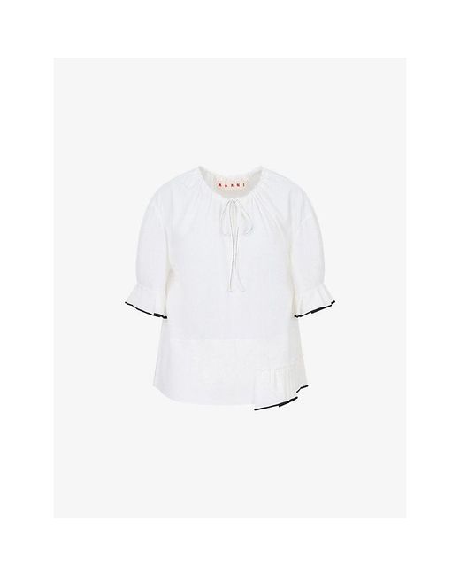 Marni White Keyhole-Detail Pleated-Detail Silk-Blend Top