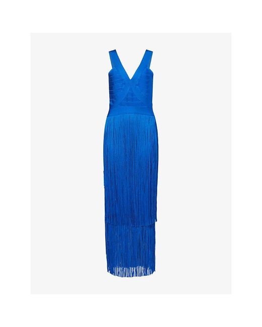 Hervé Léger Blue The Brigitte Fringed Stretch-Knitted Maxi Gown