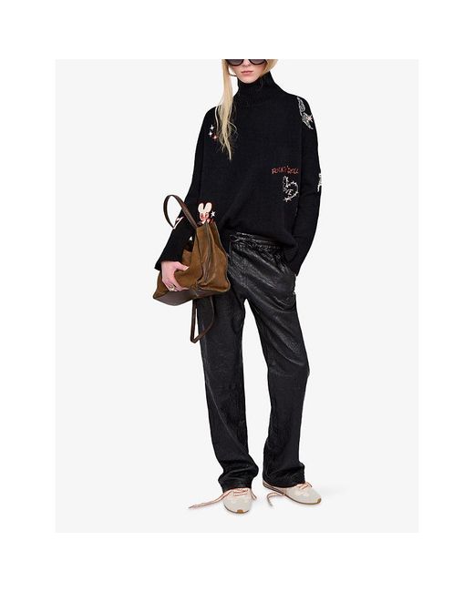 Zadig & Voltaire Black Bleeza Slogan-Embroidered Cashmere Jumper