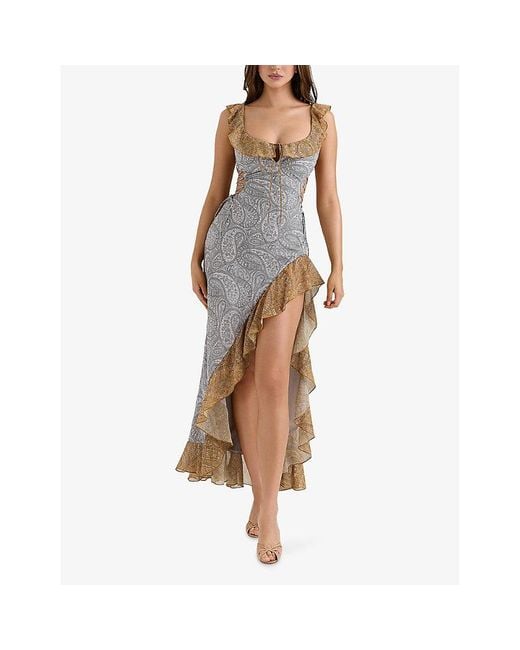 House Of Cb Brown Aloura Georgette Ruffle Woven Maxi Dress Xs (A-C Cup)