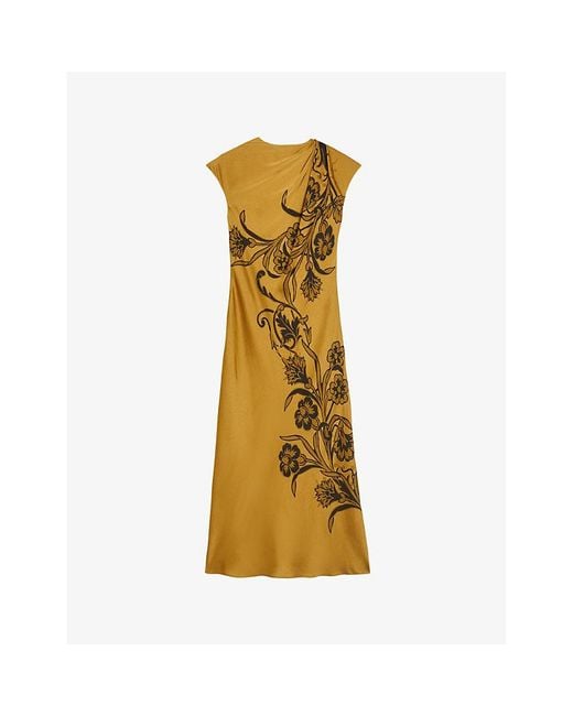 Ted Baker Yellow Floral-print Drape-neck Satin Maxi Dress