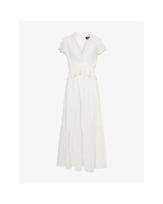 ME+EM White V-Neck Cap-Sleeve Cotton-Broderie Maxi Dress