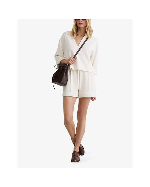 Reiss White Bea Premium Interlock Open-Collar Sweatshirt