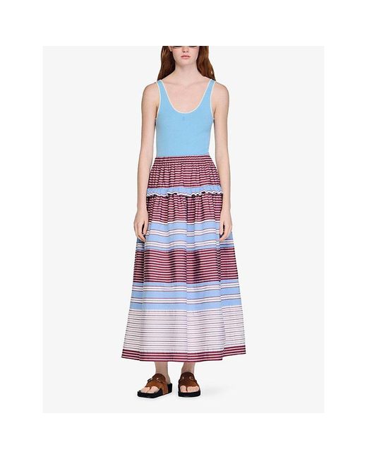 Sandro Red Stripe-Pattern Cotton Maxi Skirt