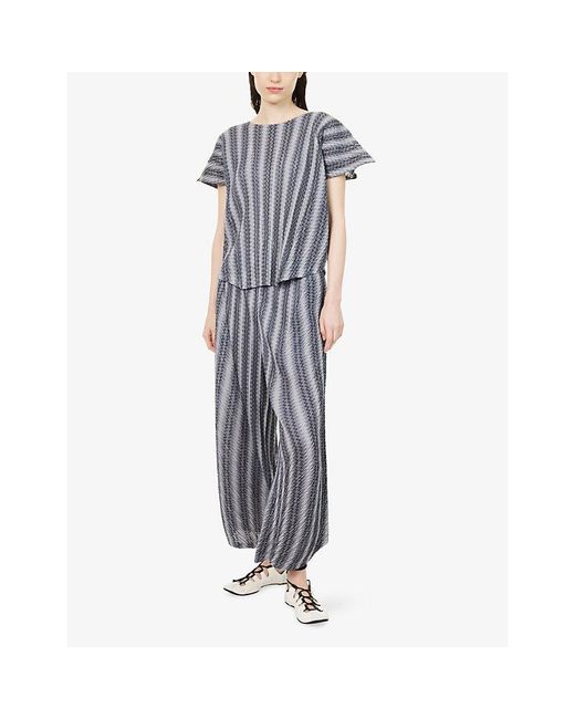 Pleats Please Issey Miyake Blue Zigzag Short-Sleeves Knitted Top