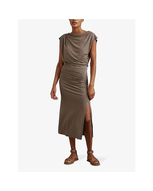 Reiss Brown Leonore Off-shoulder Draped Stretch-woven Midi Dress