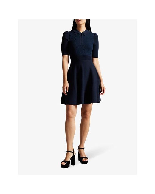 Ted Baker Blue Vy Hillder Lace-bodice Neck-tie Knitted Dress