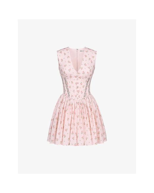 House Of Cb Pink Carmel Floral-Print Stretch-Cotton Mini Dress Xs (A-C Cup)