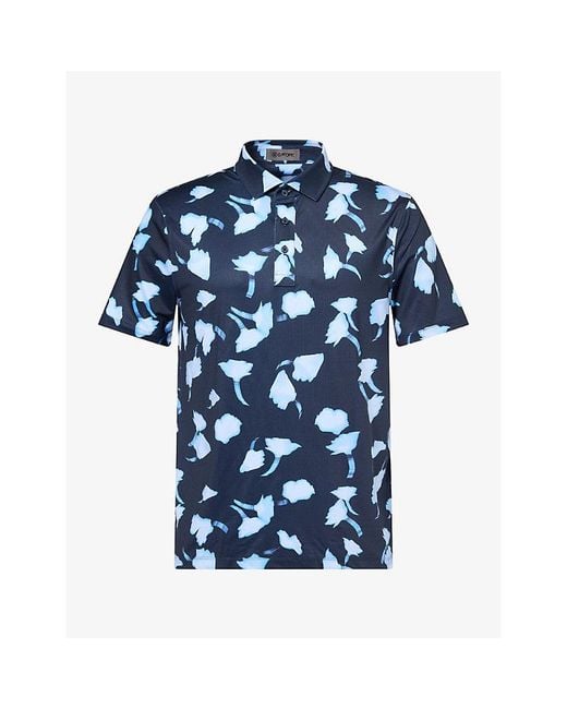 G/FORE Blue Blurred Floral Print Woven Polo T-Shirt for men