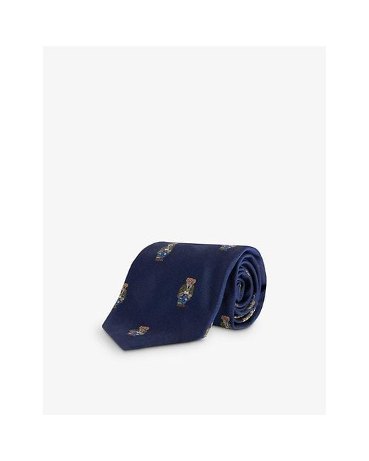 Polo Ralph Lauren Blue Bear-embroidered Wide-blade Silk Tie for men