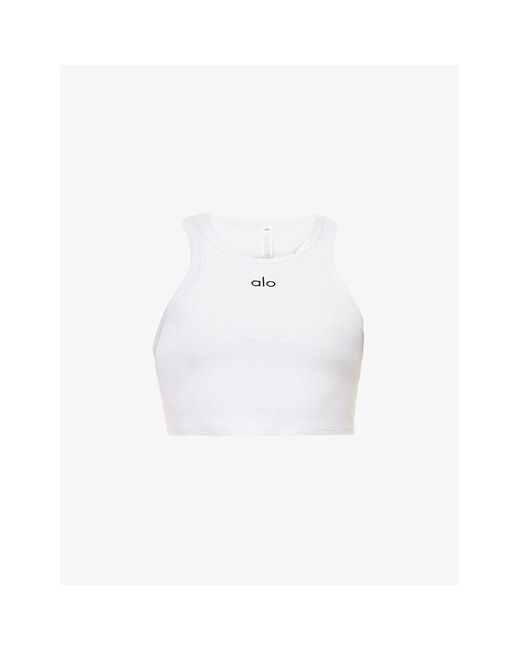 Alo Yoga White Aspire Brand-print Stretch-cotton Tank Top