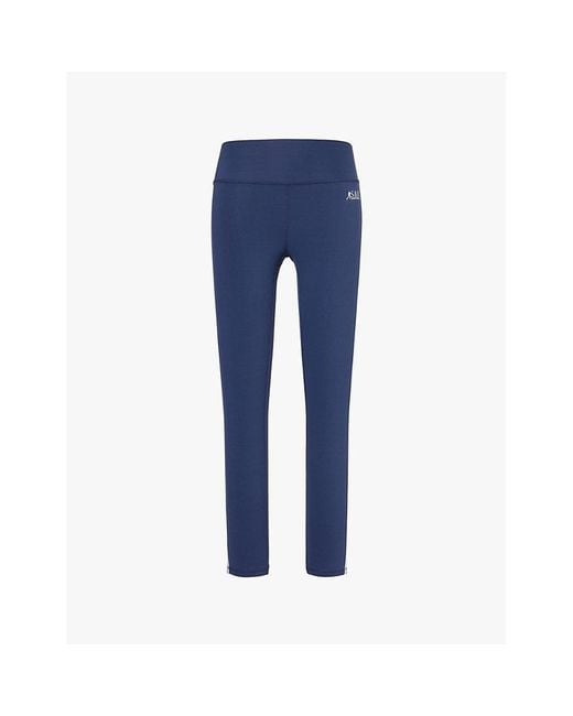 Sporty & Rich Blue Runner Brand-Print Tapered-Leg High-Rise Stretch-Woven Leggings