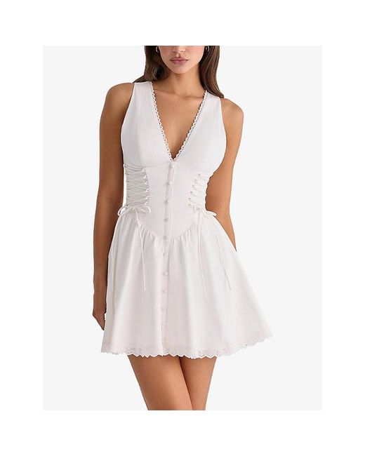 House Of Cb White Rosalina V-Neck Stretch-Cotton Mini Dress Xs (A-C Cup)