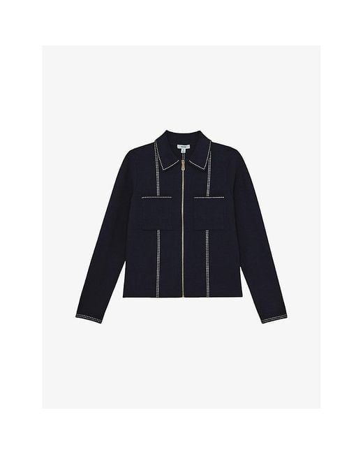 Reiss Blue Ivy Contrast-Stitch Stretch-Knit Cardigan