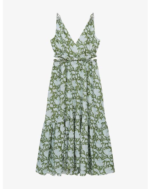 Maje Green Floral-print Cotton-blend Midi Dress