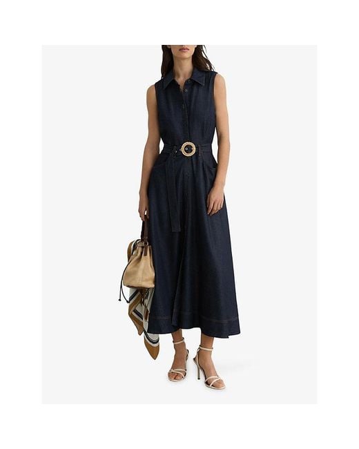 Reiss Blue Remi Belted-Waist Denim Midi Dress