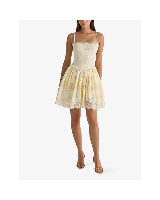 House Of Cb Yellow Chloe Broderie-Anglaise Cotton-Blend Mini Sundress