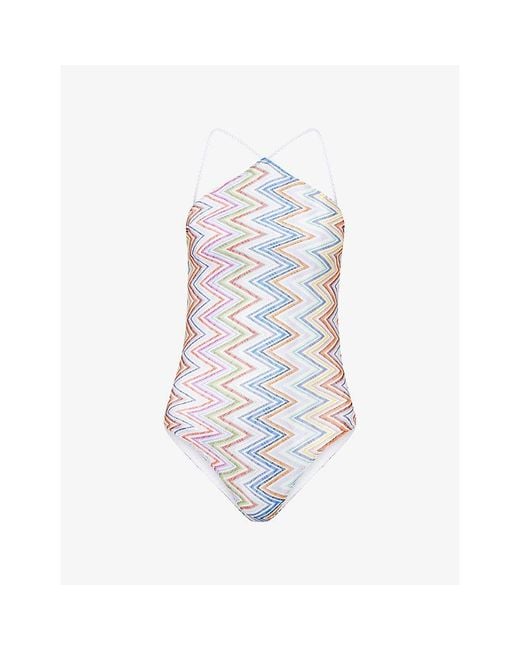 Missoni White Zigzag-Pattern Halterneck Swimsuit
