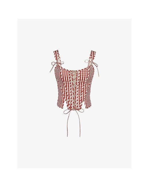 House Of Cb Red Callie Lace-Up Stretch-Cotton Corset Top