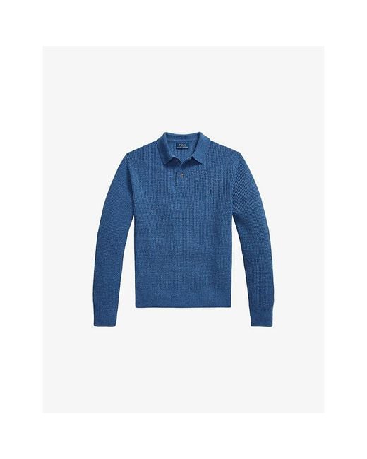 Polo Ralph Lauren Blue Logo-Embroidered Waffle-Knit Wool And Cotton-Blend Polo Jumper for men