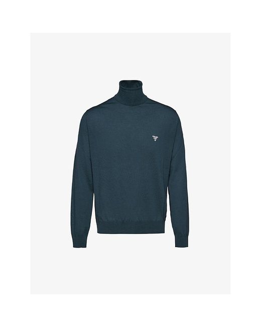 Prada Blue Bottle Logo-Print Turtleneck Wool Jumper for men