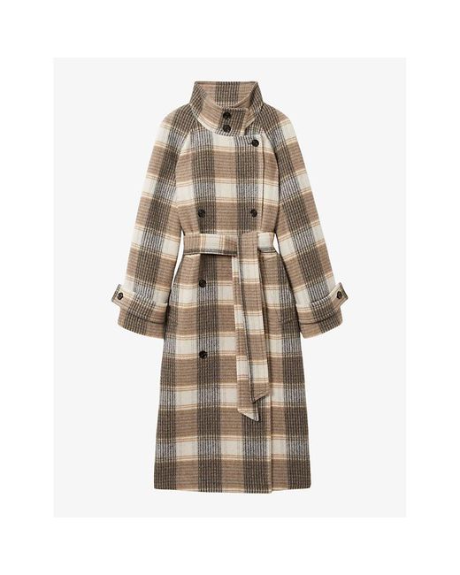 Reiss Natural Piper Funnel-Neck Belted-Waist Check Wool-Blend Coat