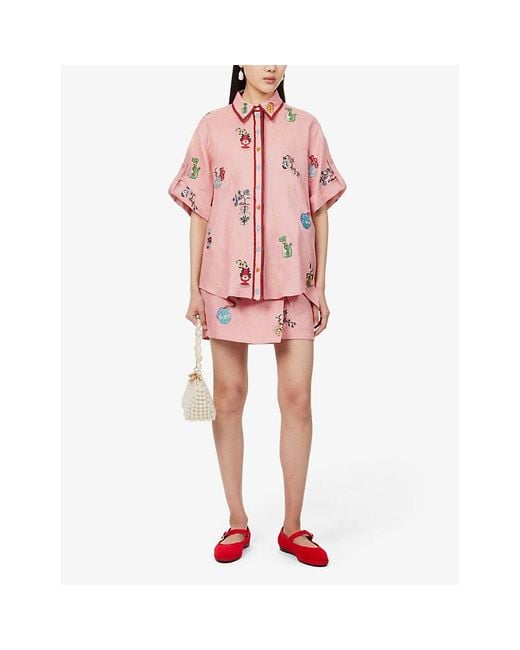 ALÉMAIS Pink Timmy Graphic-Embroidery Linen Shirt