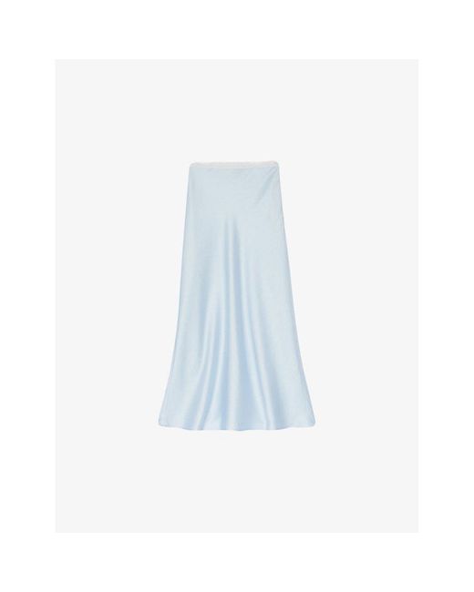 Sandro Blue Logo Lace-waistband Floaty-hem Satin Midi Skirt