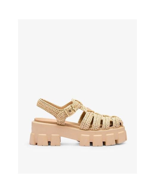 Prada Natural Monolith Logo-Plaque Chunky-Sole Caged Crochet Sandals