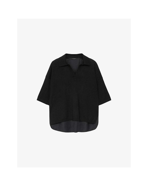 AllSaints Black Bern Polo-Collar Wool Top