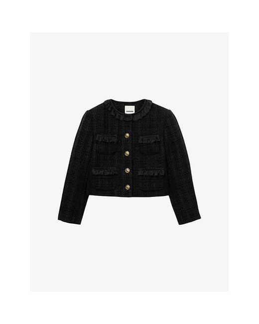 Sandro Black Ruffled-Trim Button-Down Tweed Jacket