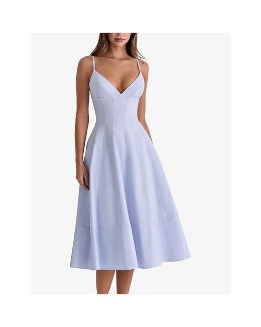 House Of Cb Blue Millie Plunge-Neck Stretch-Cotton Midi Dress