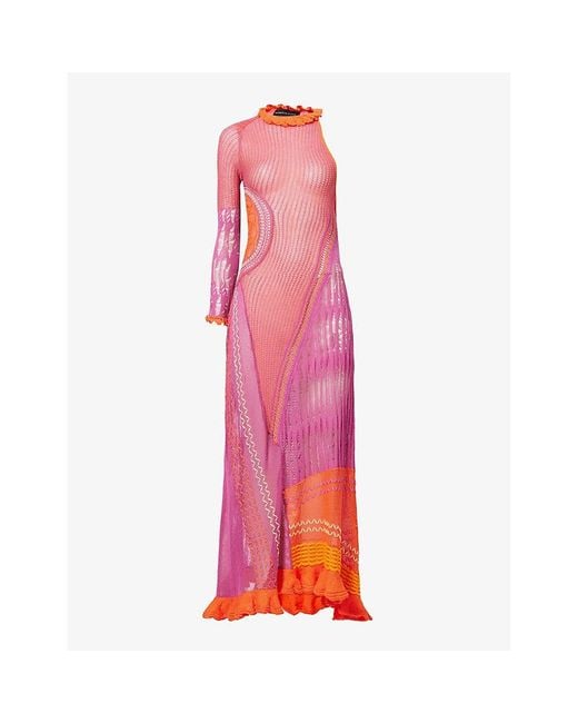 Roberta Einer Pink Bianca Frilled-trim Cotton-knit Maxi Dress